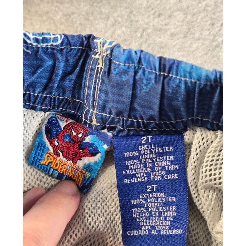 Marvel The Amazing Spiderman Boys Blue Plaid Swim Trunks Size 2T 2007 Vintage